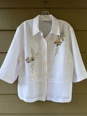 VTG KORET White Embroidered Linen Blend Coastal Boho Chic Shirt Blouse Sz 16W